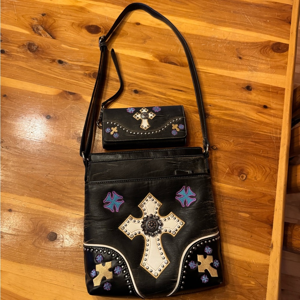 Black Crossbody Bag with Embellished Cross Design